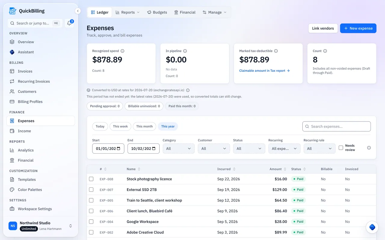 QuickBilling expenses ledger for Northwind Studio, with total spend, the tax-deductible amount, filters and a list of recent expenses.