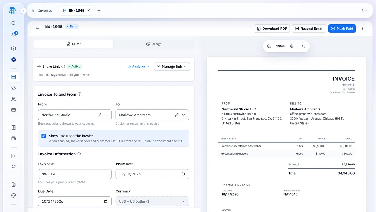 QuickBilling-Dashboard mit Kacheln für Gesamtbetrag, offene Zahlungen und bezahlte Umsätze