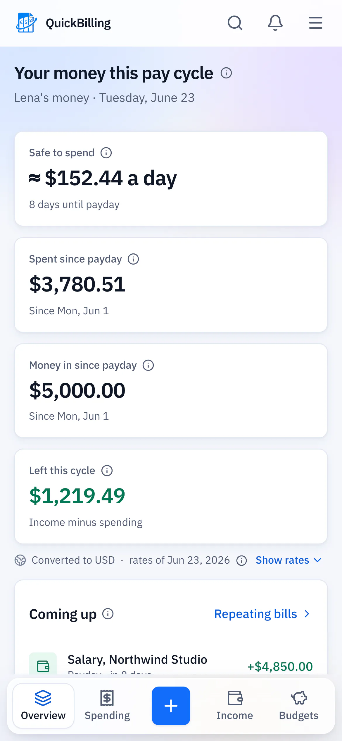 Personal home on a phone: safe to spend per day until payday, the days to payday, and the + button in the middle of the tab bar.