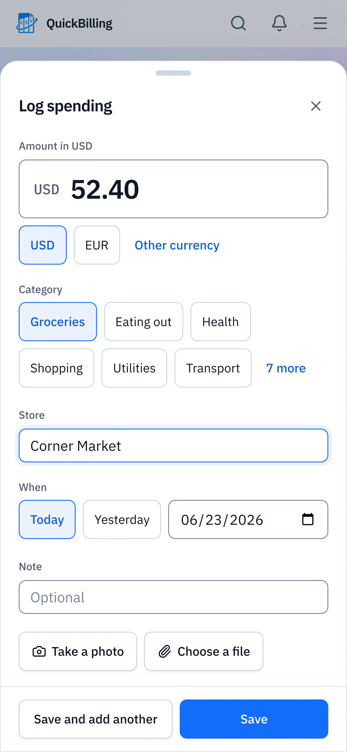 The Log spending sheet on a phone: 52.40 dollars typed as the amount, Groceries chosen as the category and Corner Market as the store.