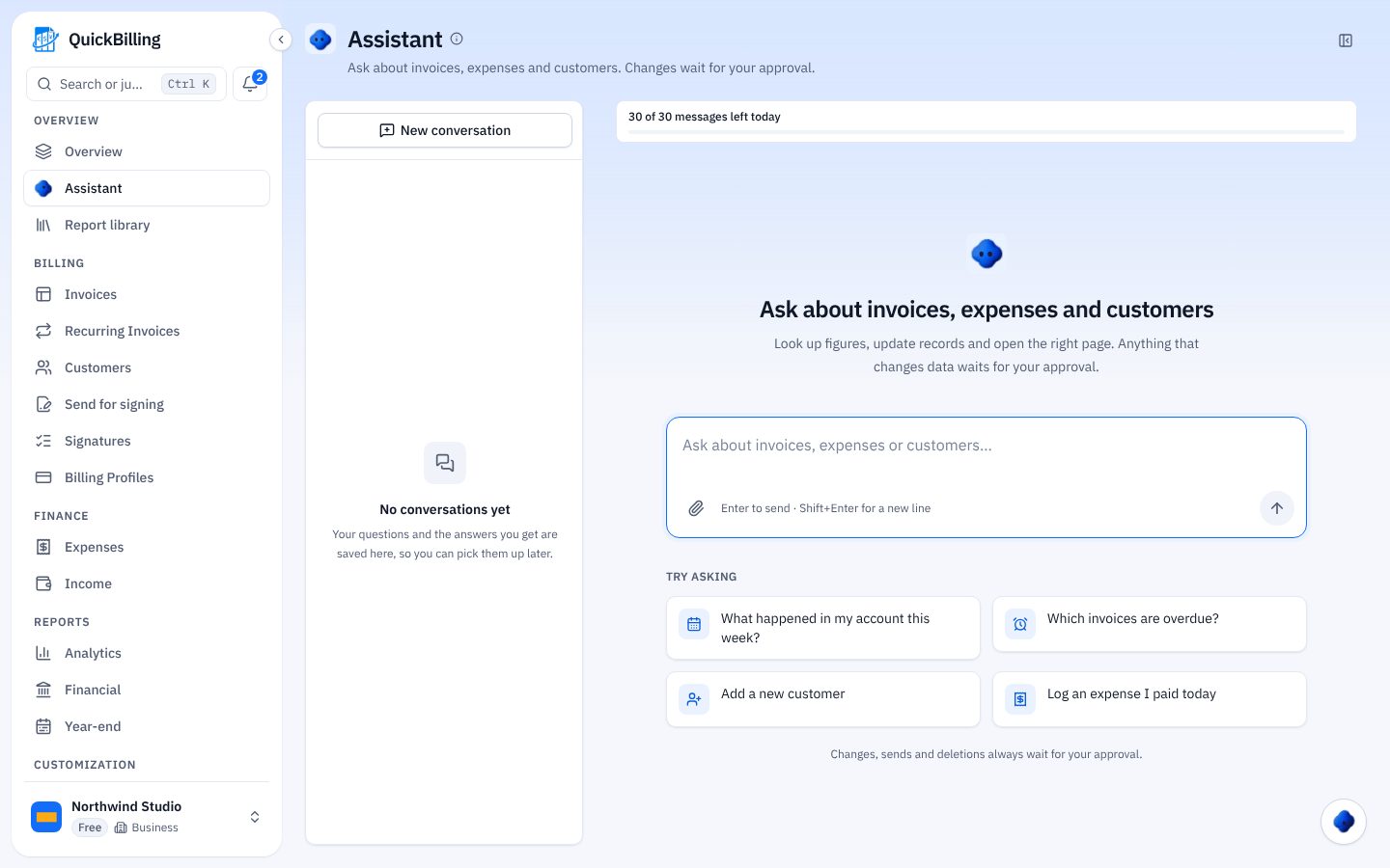 QuickBilling screenshot: Recurring Invoices You Still Review