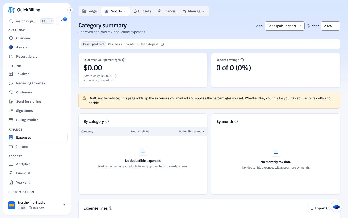 QuickBilling screenshot: Expense Tracking, VAT And Year-End Drafts