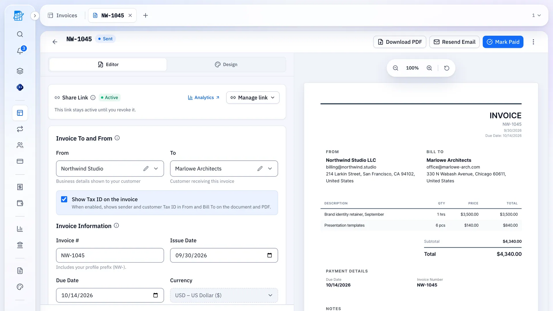 QuickBilling invoice editor with live PDF preview