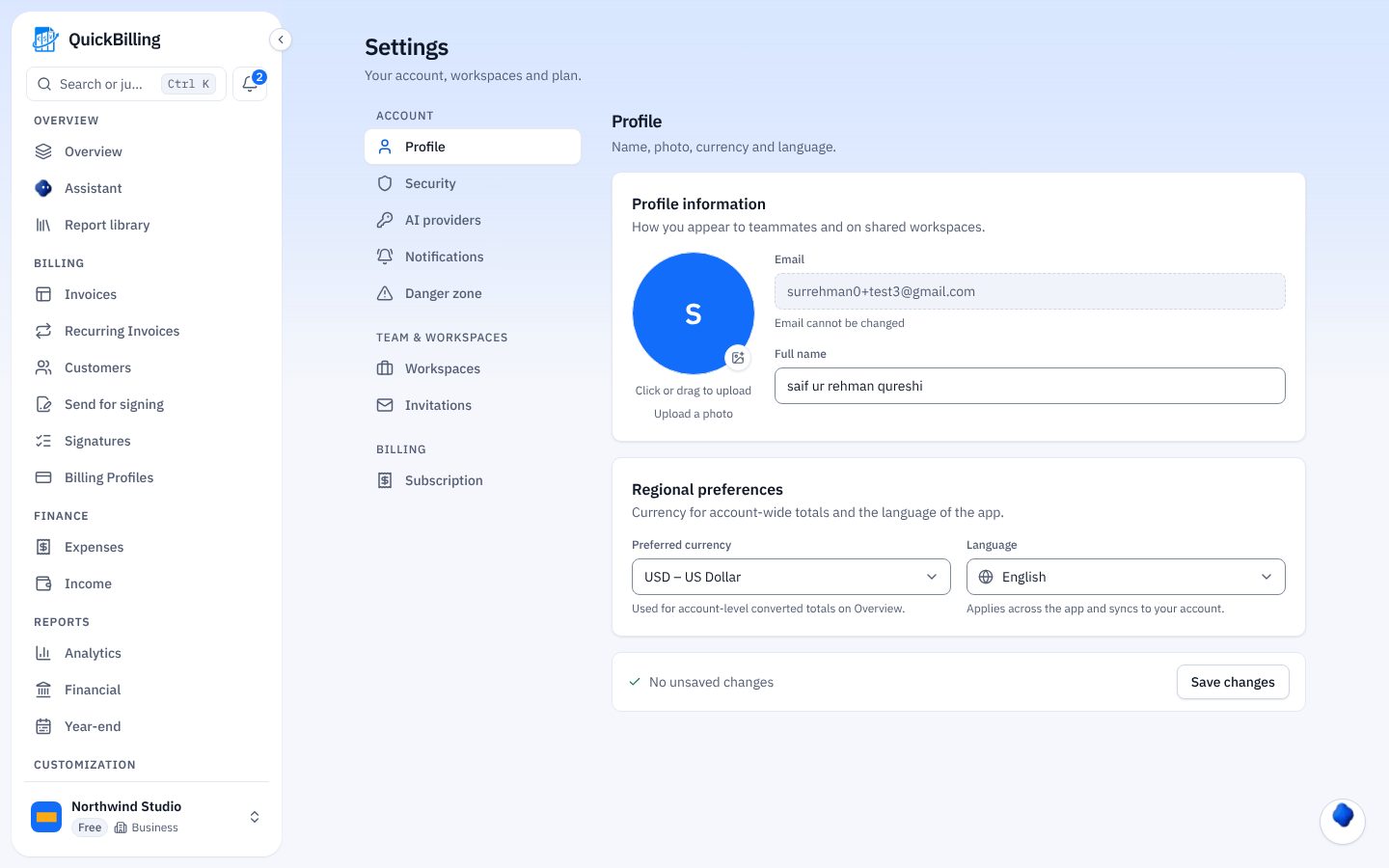 QuickBilling Screenshot: Workspace anlegen