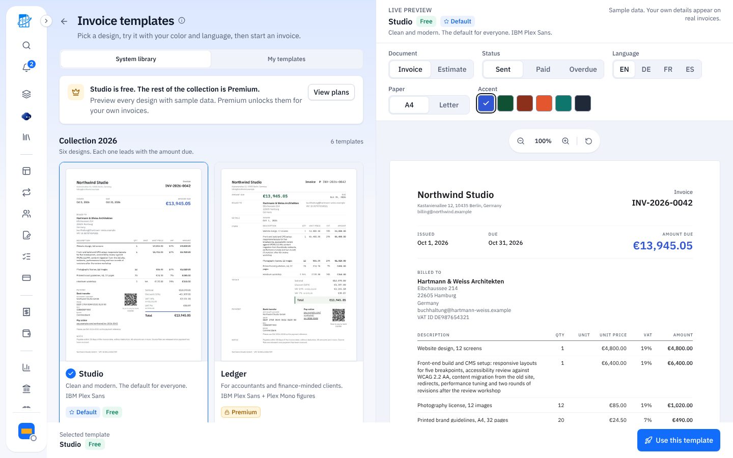 QuickBilling screenshot: Professional Invoice Templates