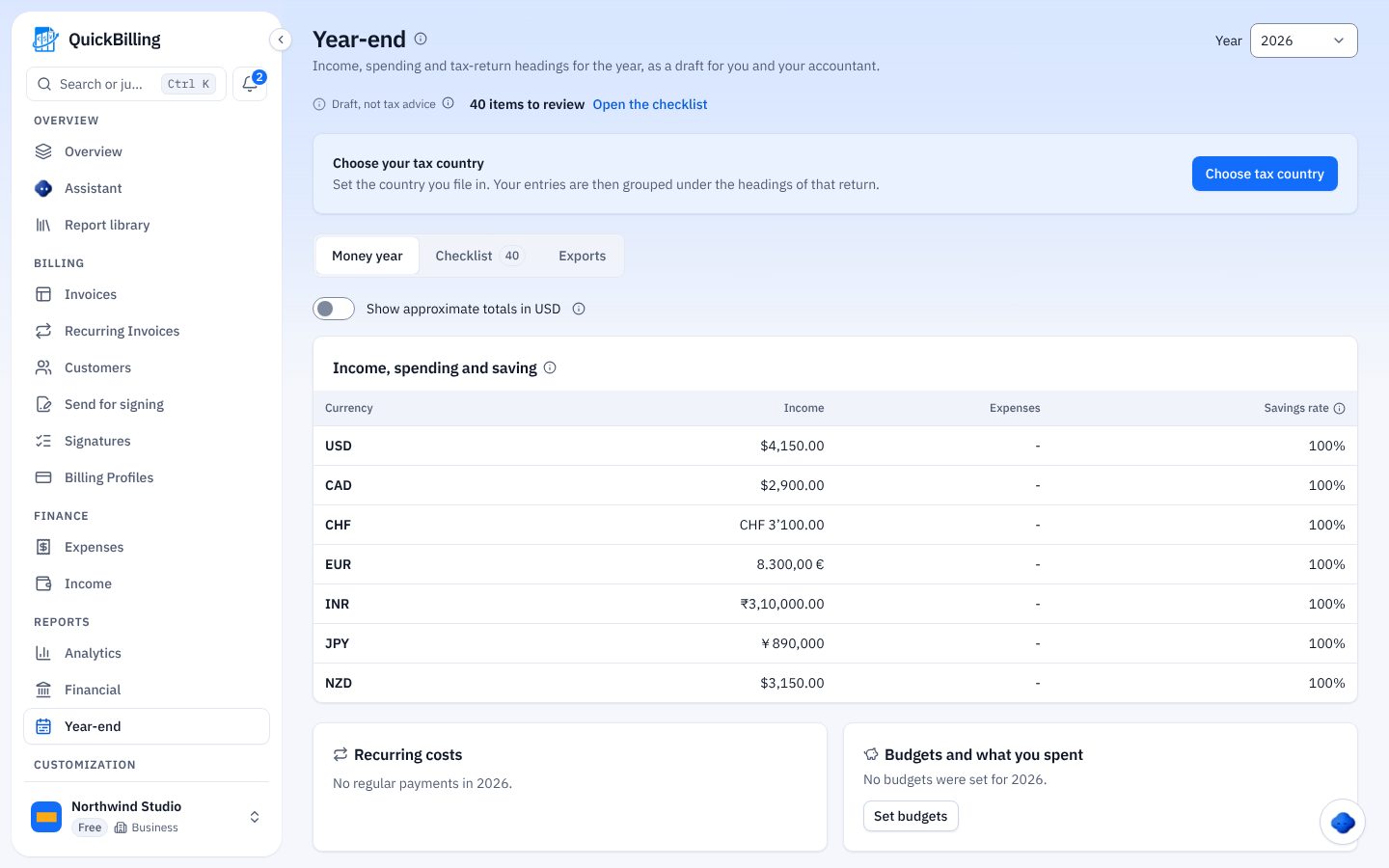 QuickBilling screenshot: Year-End Tax Summary For Freelancers And Small Businesses